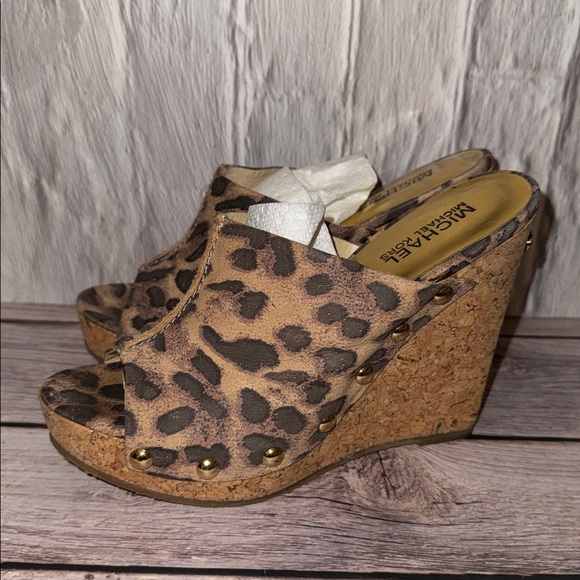 Michael Kors Belinda Mule Brown Leopard Suede Studded cork Wedge Heels - Picture 3 of 6